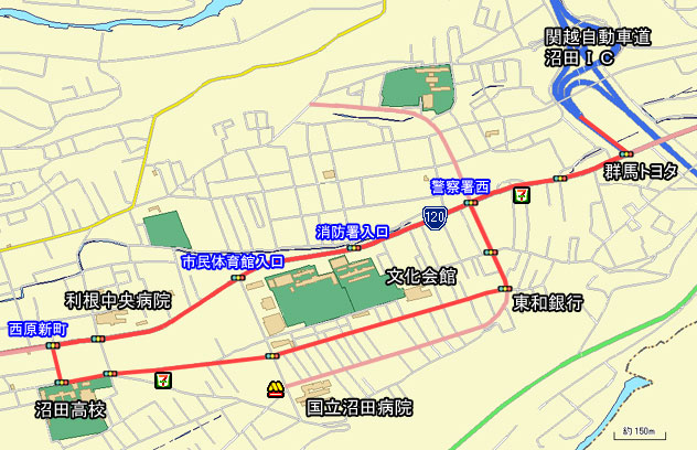 沼田IC〜沼田高校への地図